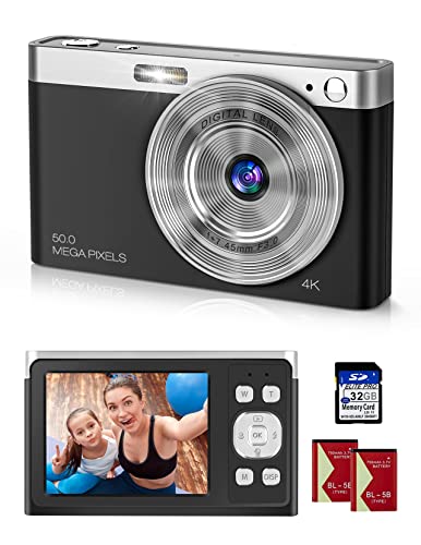 Digitalkamera 4K Ultra HD Mini-Videokamera 50 MP 2,88-Zoll-LCD-wiederaufladbare Studenten-Kompaktkamera mit 16-fachem Digitalzoom YouTube-Vlogging-Kamera für Kinder, Erwachsene, Anfänger(Schwarz)