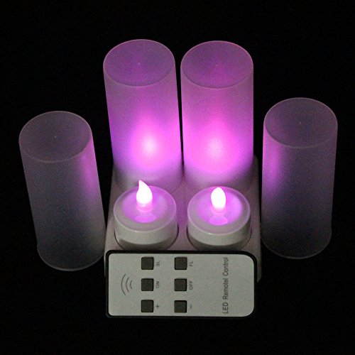 EuroFone wiederaufladbare LED Kerzen Flackern Teelicht Kerze Flammenlos mit Ladestation Halter 4 Stück (Purple with remote)