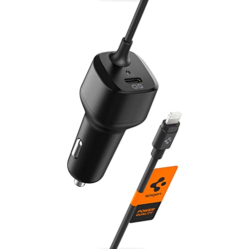 Spigen USB C Auto Ladegerät MFi Zertifiziert Total 47W PD 27W mit eingebautem Lightning Kabel 20W schnellaufladen Type C Auto Adapter für iPhone 13 Pro Max SE 2022 12 Mini iPad Air Pro und mehr