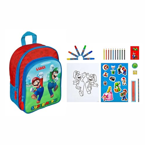 minimutz Kindergartenrucksack Super Mario Junge - Personalisiert mit Name - Set Kinderrucksack mit Mal- und Schreibturm 35-tlg.