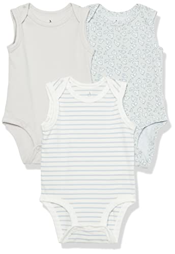 Amazon Essentials Unisex Baby Ärmelloser Body aus Baumwoll-Stretchjersey (zuvor Amazon Aware), 3er-Pack, Beige/Grau Streifen/Grün Vogelmuster, 3-6 Monate