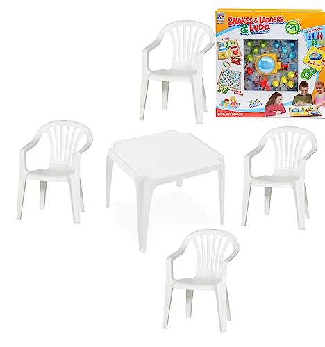 hLine Kinder Garten Sitzgruppe Tisch mit Stühlen Gartenstuhl Sessel + Gigant Spielbrett Ludo (1 Tisch 4 Stühle weiß + Spiel)