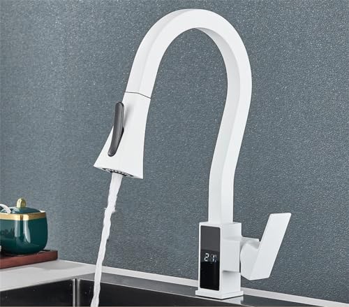 Herausziehbarer Küchenarmatur Mit Digitaler Temperaturanzeige, Flexibler Dual-Wasser-Modus, Sprüh-Mischbatterie White Faucet
