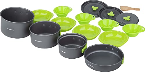 Family XXL Set 17 teiliges Camping Kochset für 4 Personen Geschirrset Campingtopf Pfanne Teller Löffel mit Silikon Griffen