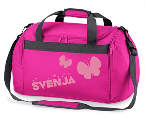 Kinder-Sporttasche mit Namen Bedruckt | Personalisierbar mit Motiv Schmetterling | Reisetasche Duffle Bag für Mädchen in Pink, Blau, Grün (pink)