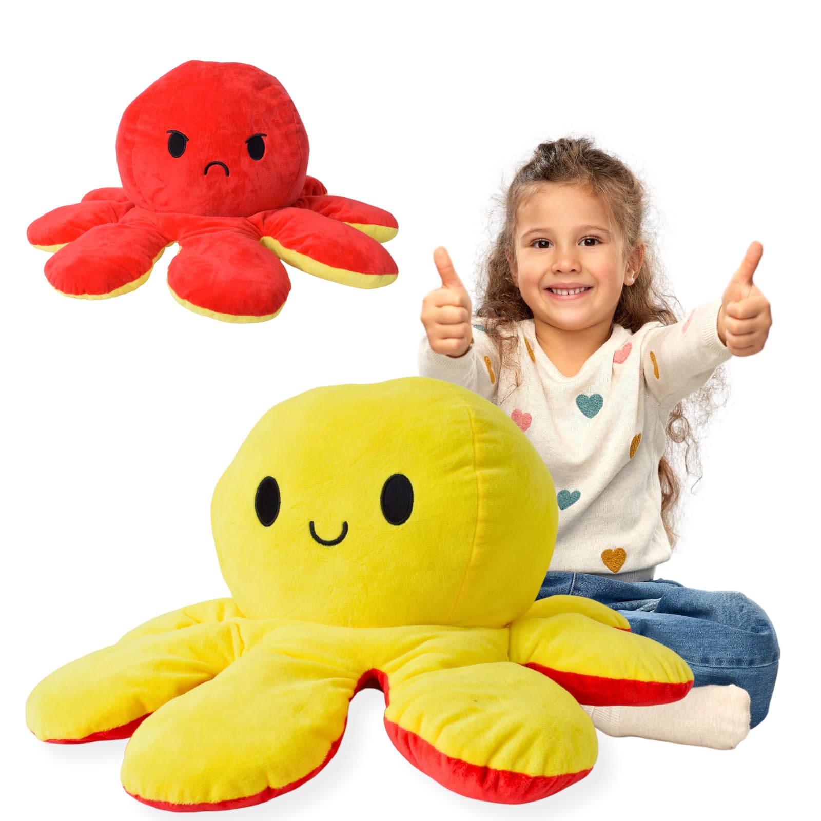 TE-Trend Kissen 80cm Wendekissen Wende Octopus Flip Plüschtier XXL Stimmungs Kuscheltier mit 2 Gesichtern Stofftier Geschenk Gelb Rot