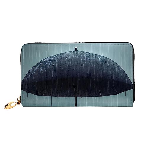 Black Umbrella In The Rain Ledergeldbörse, Ledermaterial, wasserdicht, Reißverschluss-Design für Haltbarkeit, 12 Kreditkartenfächer, 3 Geldfächer, entworfen für modische Mädchen und Frauen, Schwarz,