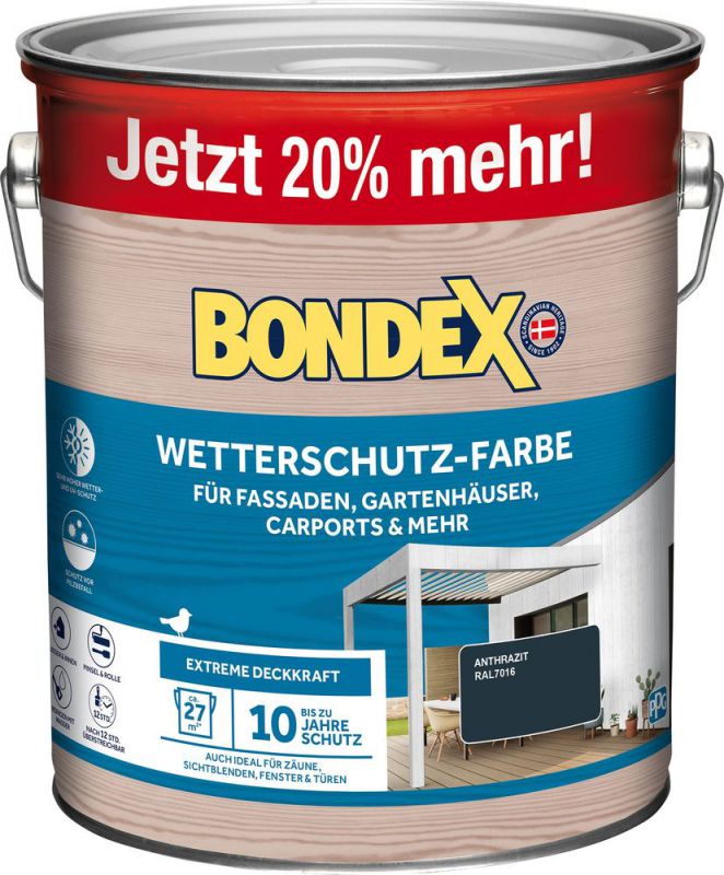 Bondex Wetterschutz Farbe Anthrazit (RAL7016) 3 L für 27 m² | Extreme Deckkraft | Hervorragende Witterungsbeständigkeit | seidenglänzend | Wetterschutzfarbe | Holzfarbe