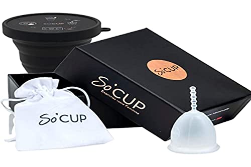 SO CUP Menstruationstasse Made in France - Kit 1 Menstruationstasse 100% medizinisches Silikon + Sterilisator + Benutzerhandbuch + Aufbewahrungsbeutel - Größe S (leichter oder mittlerer Durchfluss)