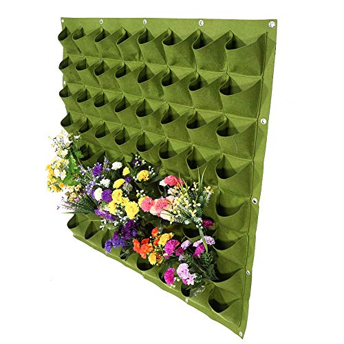 Nunafey Grow Bag, 2 Farben Umweltfreundlicher Pflanzensack, Wandbehang Pflanzentasche 64 Taschen vertikal zum Pflanzen von Blumen Erdbeeren(Green)