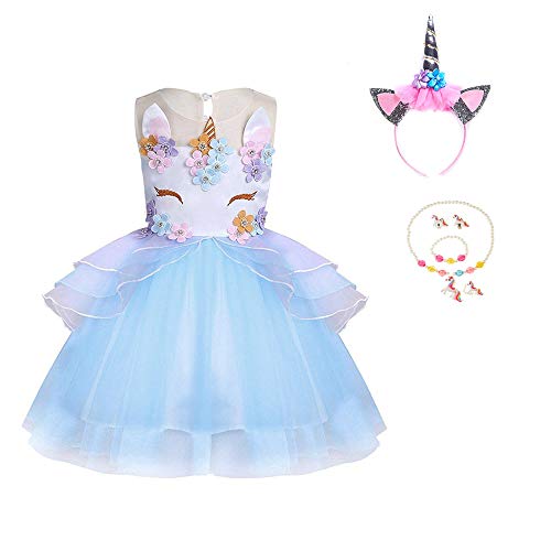 Einhorn Tutu Kleid Mädchen Prinzessin Kostüm Festival Rock für Cosplay Karneval Halloween Geburtstagskleid mit Einhornhaarband Blau 140