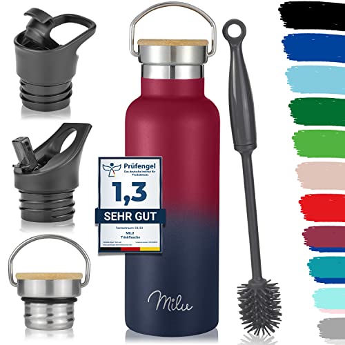 Milu Edelstahl Trinkflasche 500ml, 750ml, 1L (+3 Deckel) - Thermosflasche mit Strohhalm, Isolierte Wasserflasche, Auslaufsichere Isolierflasche doppelwandig, Kohlensäure geeignet (Berry Blau, 0,5L)