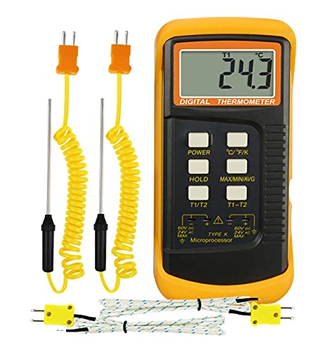 Digitales Thermoelement-Thermometer Typ K (-50~1300°C) mit zwei Kanälen 4 Thermoelemente (verdrahtet und Edelstahl) Handgehaltener, hochgenauer Temperaturmesser-Tester