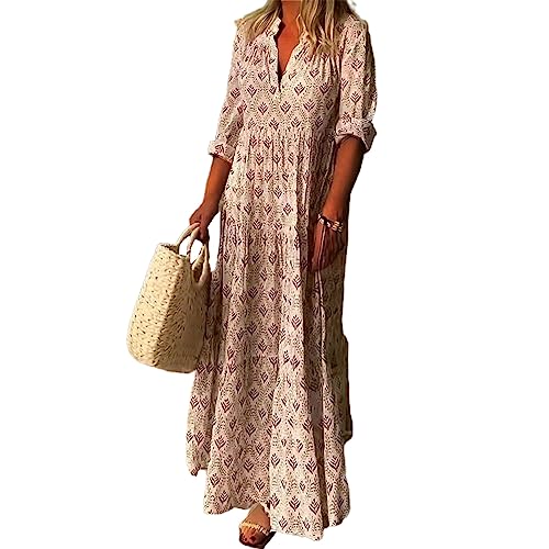 Suzanne Langes Kleid Mode Verkleiden Bohemia Print Rüschen Großer Saum Kleid Rosa 2XL