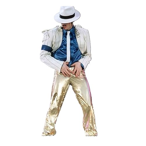 Halloween Cosplay Kostüm Suitable for Fans of MJ Kind Erwachsene MJ Cosplay Streifen Glatte Verbrecher Anzug Jacke + Pants + Shirt + Hut + Tie (Weißes Gold, 160-170)