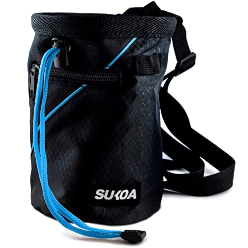 Sukoa Kreidetasche für Klettern – Boulder-Kreidebeutel Eimer mit Schnellclip-Gürtel und 2 großen Reißverschlusstaschen – Kletterausrüstung (blau)