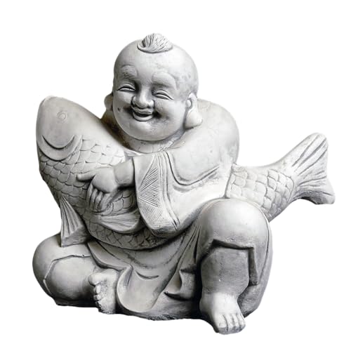 gartendekoparadies.de Großer massiver lustiger Buddha Mönch mit Koi aus Steinguss frostfest (Grau)