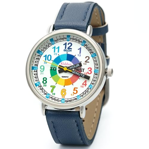 Kiddus Lern Armbanduhr für Kinder, Jungen und Mädchen. Analoge Armbanduhr mit Zeitlernübungen. Time Teacher. English PU Leather Blue