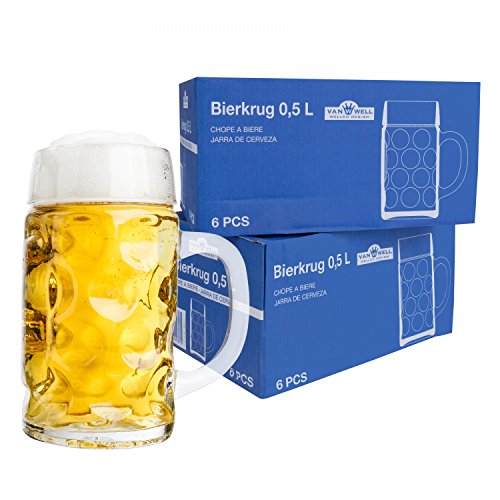 Van Well 12er Set Maßkrug 0,5L geeicht | Halber Liter Bierkrug mit Henkel | Bierglas spülmaschinenfest perfekt geeignet für Gastronomie