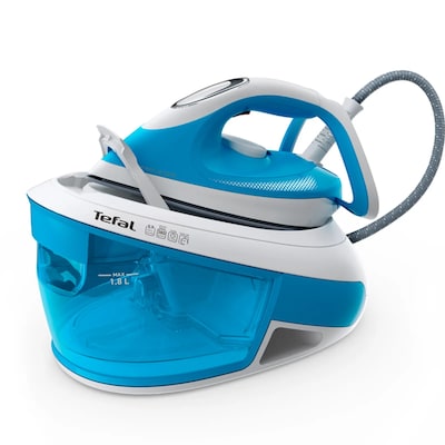 Tefal SV8002 Express Airglide Dampfbügelstation | 2800 Watt | Durilium Airglide Bügelsohle | 5,9 Bar Pumpendruck | konstante Dampfabgabe: 120 g/Min. | Dampfstoß: 380 g/Min. | Vertikaldampf | Weiß/Blau