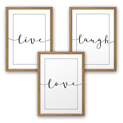 3-teiliges Premium Poster-Set | Kunstdruck | live laugh love | Deko Bild für Ihre Wand | optional mit Rahmen | Wohnzimmer Schlafzimmer Modern Fine Art | DIN A4 / A3 (A3, natur Rahmen)
