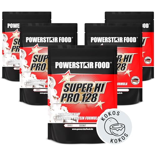 SUPER HI PRO 128 Pack | Premium Mehrkomponenten Protein | 84% Protein i.Tr. | Nach wissenschaftlicher Formel | Höchstmögliche Biologische Wertigkeit | Deutsche Herstellung | 5 x 1000g | Coconut