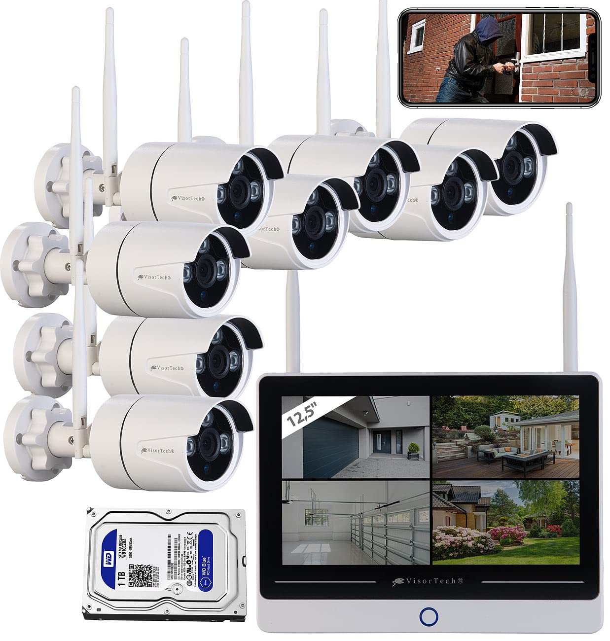 VisorTech Überwachungs Set: Funk-Überwachungssystem mit Display, HDD-Rekorder, 8 IP-Kameras, 1 TB (Überwachungsystem, Funk-Ueberwachungskamera, Alarm Bewegungsmelder)