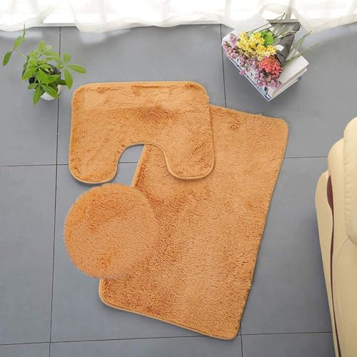 Homieco Einfarbiger Badteppich 3-teilig Weiches, saugfähiges, rutschfestes Badteppichset Teppiche und Toilettendeckelbezug-Set Waschbar, Kaffee