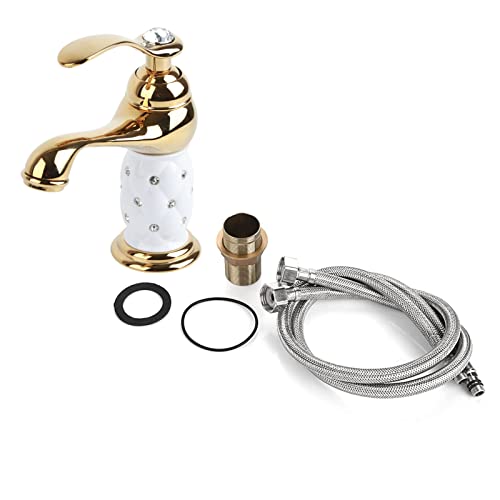 Wasserhahn, Vollmessing-Mischbatterie Kalt- / Heißwasserhahn mit Strassverzierungen für Waschbecken(Gold)