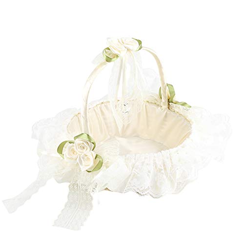 Hochzeits-Blumenmädchen-Korb, romantischer Spitze-Blumenmädchen-Korb Bambus Satin Bowknot Brautkörbe für Hochzeitsfest-Dekor