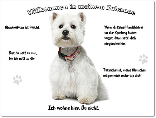 Merchandise for Fans Blechschild/Warnschild/Türschild - Aluminium - 30x40cm - - Willkommen in Meinem Zuhause - Motiv: West Highland White Terrier - 01