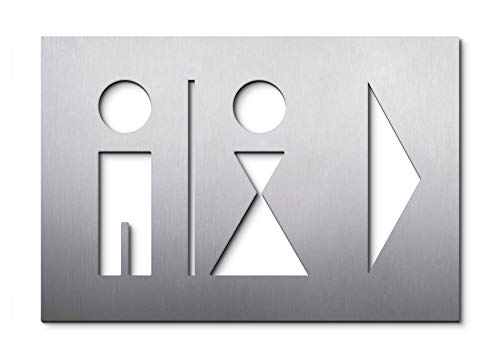 PHOS Design, PS0203, Toiletten Wegweiser-Schild, 16 x 23,5 cm, Herren- und Damen-WC, Richtungspfeil rechts, Edelstahl gebürstet, selbstklebend, Piktogramm Hinweisschild Richtungsweiser ohne Bohren