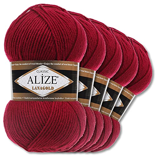Alize 5 x 100 g Lanagold Wolle | 53 Auswahl | Stricken Häkeln Wolle (390 | Kirschrot)