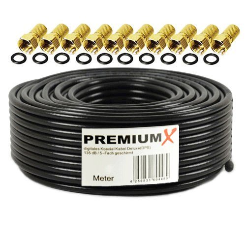 PremiumX 25m DELUXE PRO Koaxial Kabel SCHWARZ 135dB 5-Fach geschirmt reines Kupfer SAT Antennenkabel mit 10x F-Stecker mit Dichtring (0,83EUR/M)
