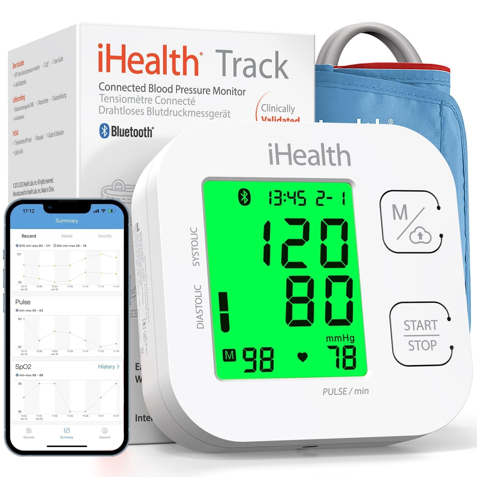 iHealth Track Vernetztes Oberarm-Blutdruckmessgerät, mit einer einstellbaren Universal-Manschette für normale bis große Erwachsenenarme, Bluetooth-kompatibel mit Apple- und Android-Geräten