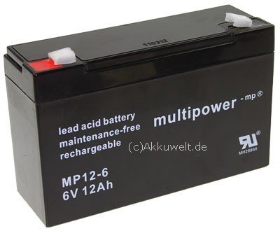 MultiPower Bleigel Akku/MP12-6/6V 12Ah/4,8 mm Faston Stecker/Wartungsfrei/Bleigel Batterie