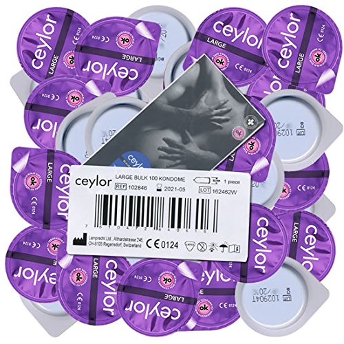 Ceylor Large 100 extraweite Kondome mit Gleitcreme, Großpackung, verpackt im hygienischen"Dösli", einfach zu öffnen, schnelleres Überziehen, Premium-Qualität aus der Schweiz