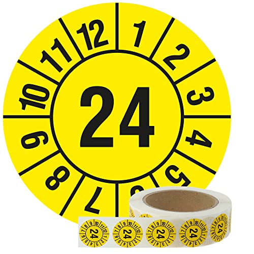 Labelident Jahresprüfplakette 2024 - Monate - Jahreszahl (JJ) - Ø 30 mm, 1000 fälschungssichere Jahresplaketten auf Rolle, Dokumentenfolie, gelb, selbstklebend