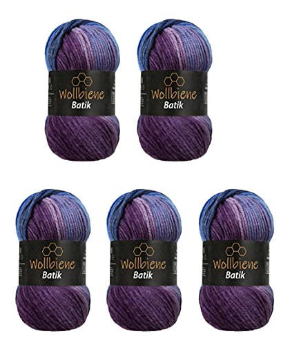 5 x 100g Wollbiene Batik 500 Gramm Wolle mit Farbverlauf mehrfarbig Multicolor Strickwolle Häkelwolle (5900 lila beere blau)