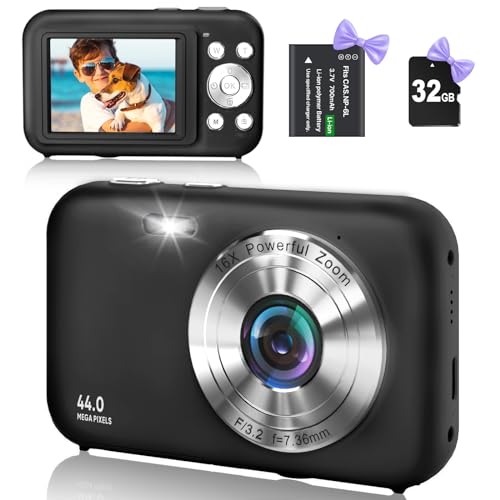 Digitalkamera Fotokamera Kompaktkamera mit 32GB SD-Karte, HD 1080P 44MP, Kamera fotokamera Fotoapparat, LCD Wiederaufladbare Digital Kamera mit 16X Digitalzoom digicam für Kinder, Erwachsene(Schwarz)