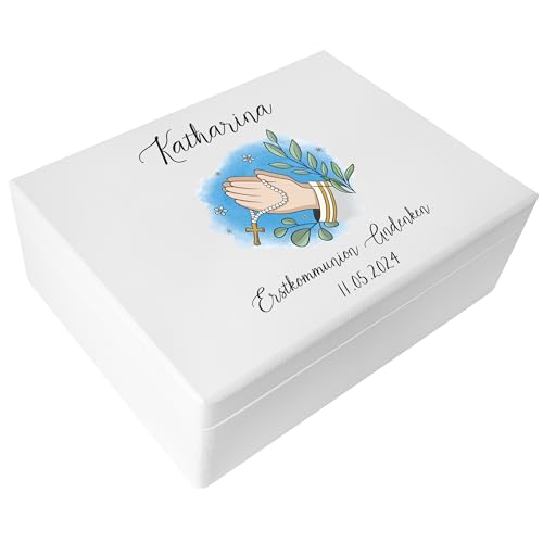 Creative Deco Weiß Personalisiert Kommunion Geschenke für Mädchen und Jungen - Holzkiste 40 x 30 x 14 cm | Gebet Kommunion Motiv | Individuelle Geschenk Erinnerungsbox | Erstkommunion Deko