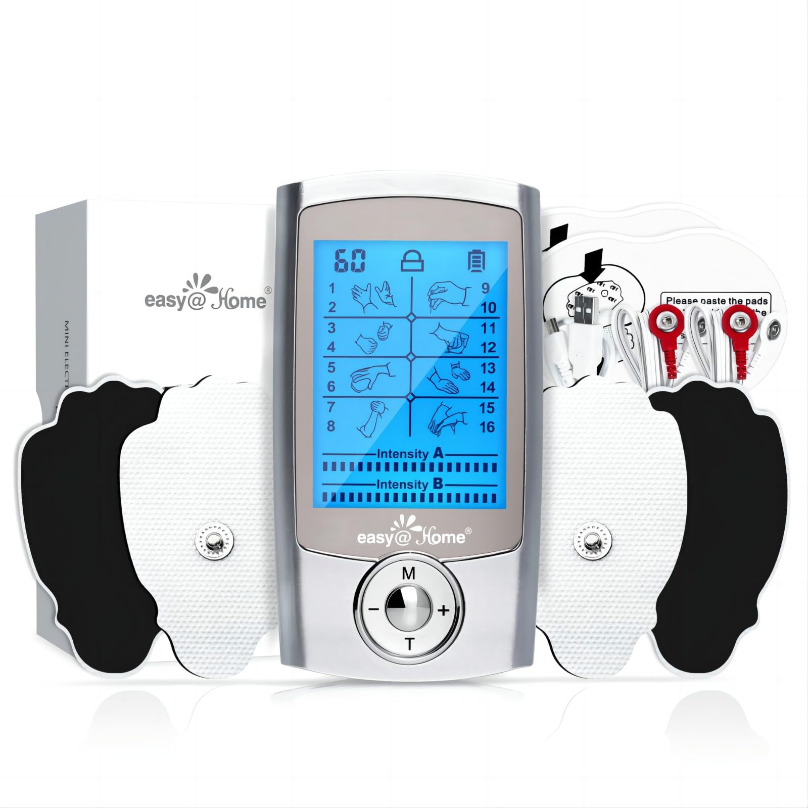 Easy@Home TENS Gerät Schmerztherapie: USB Wiederaufladbare TENS EMS Reizstromgerät Elektrostimulationsgerät mit 16 Auto modi und 8 Massagearten zur Schmerzlinderung von Rücken, Schulter, Bein