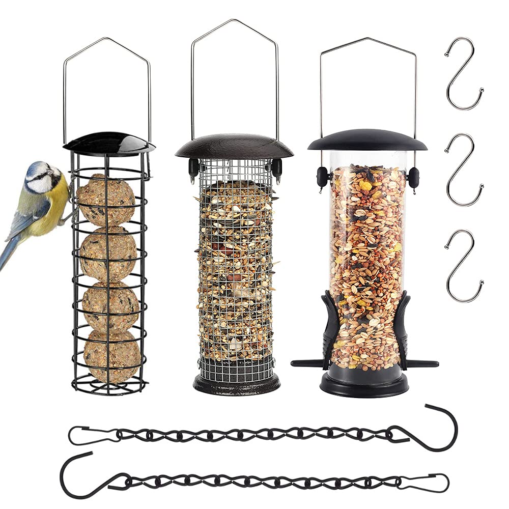 Vogel-Futterspender zum Aufhängen, für Wildvögel, Metall-Vogelfutterstation für Garten, hängende Vogelfutterstation Set + 3 Haken und 2 Ketten zum Aufhängen (8er-Set)