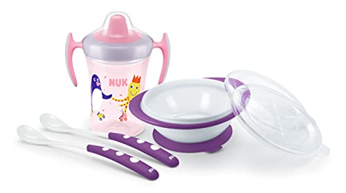 NUK Kindergeschirr Set mit Trainer Cup Trinklernbecher | Ess-Lernschale mit 2 Deckel & Baby Fütterlöffel (x2) | 6+ Monate | Blau