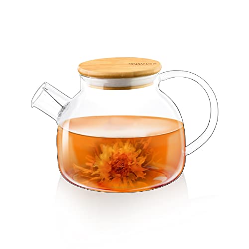 Wilmax | Glas Teekanne mit Sieb | Teesieb für losen Tee | Glasteekanne mit Bambus-Deckel | Kanne für Teeblumen | Teapot | Für Heiß- und Kaltgetränke | Spülmaschinenfest | Geschenkset | 950ml