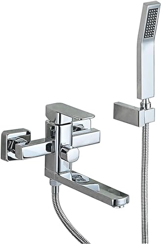 JQFDD Chrome-Plated Bath Tap with Hand Shower, Rotatable Brass Bath Mixer, Wall Mounted Bathtub Tap, Single Lever Bath Mixer with Cold and Hot Water, 22 cm