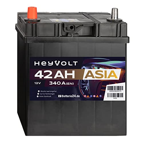 HeyVolt Asia Autobatterie 12V 42Ah 340A/EN Starterbatterie, absolut wartungsfrei ersetzt 35Ah 40Ah, Pluspol Rechts m. Bodenleiste