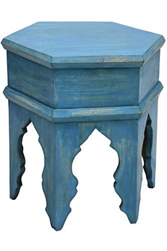 Marokkanischer Vintage Beistelltisch Hocker aus Holz Inam Blau ø 50cm rund | Orientalischer runder Tisch Blumenhocker klein für Wohnzimmer oder Küche | Orientalische Beistelltische als Dekoration