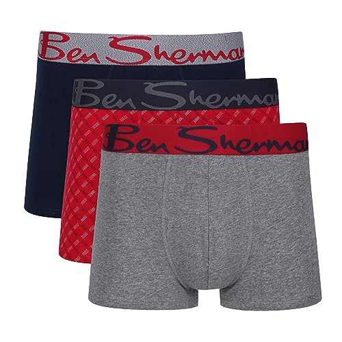 Ben Sherman Herren Men's Boxer Shorts in Grey/Red Print/Navy | Soft Touch Cotton Trunks with Elasticated Waistband Boxershorts, Grey/Red Print/Navy,