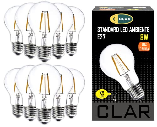 CLAR - LED-Glühbirnen E27 Warm Light 8W, LED-Glühbirne E27 Vintage, Edison-Glühbirne (Fettsockel) Äquivalent zu 70-80W, 8W Warmweiß 2700ºK (Pack 10)